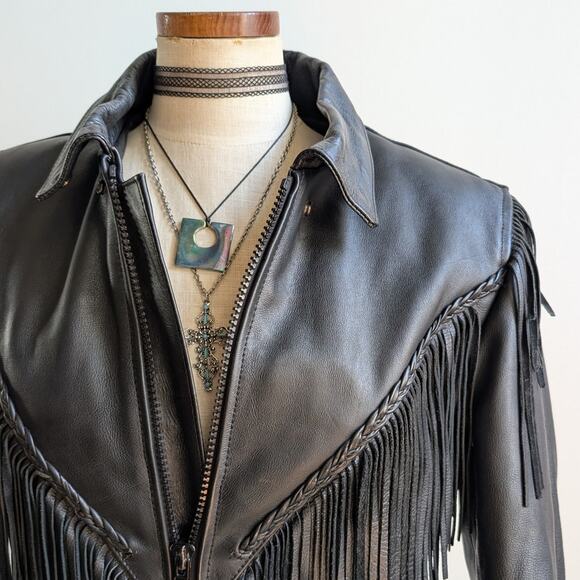 Vintage Black Leather Biker Jacket Fringe Sexy Moto Cowgirl Western Coat Small - Picture 4 of 12